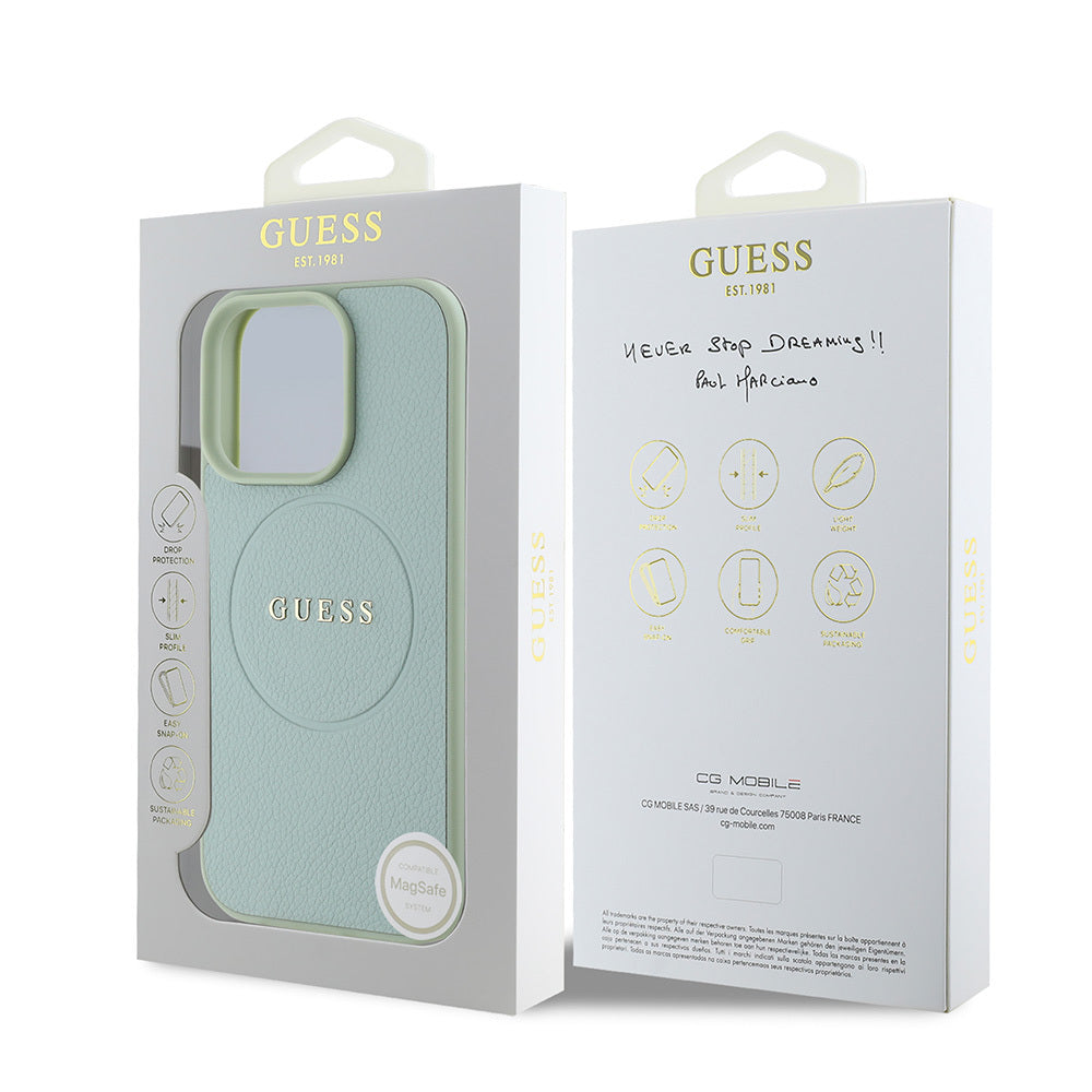 Apple iPhone 16 Pro Max Case Guess Original Licensed M-safe Charging Feature Grained Cover Green with Text Logo