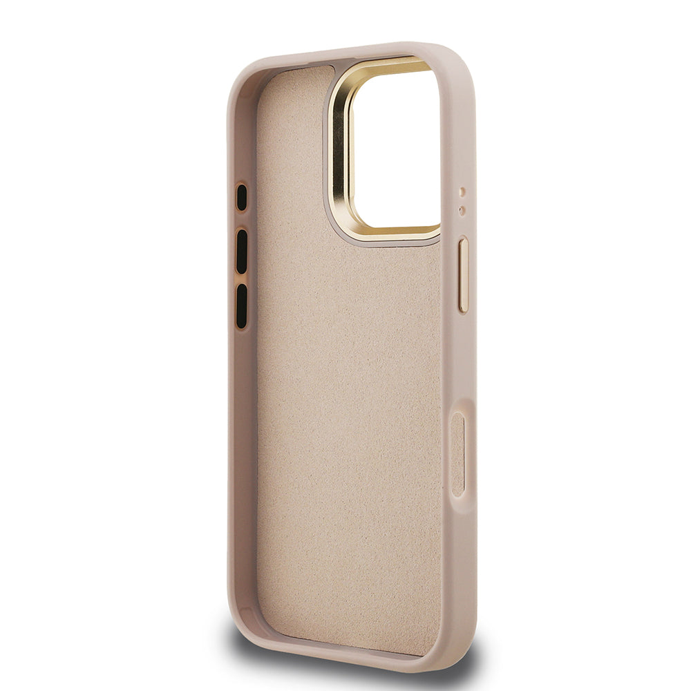 Apple iPhone 16 Pro Max Kılıf Guess Orjinal Lisanslı PU Deri 4G Desenli Metal Büyük 4G ve Yazı Logolu Kamera Standlı Kapak Pembe