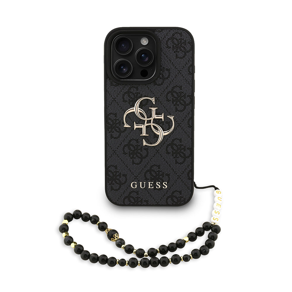 Apple iPhone 16 Pro Max Case Guess Original Licensed PU Leather Wrist Strap Rope Metal Large 4G and Text Logo Cover Brown