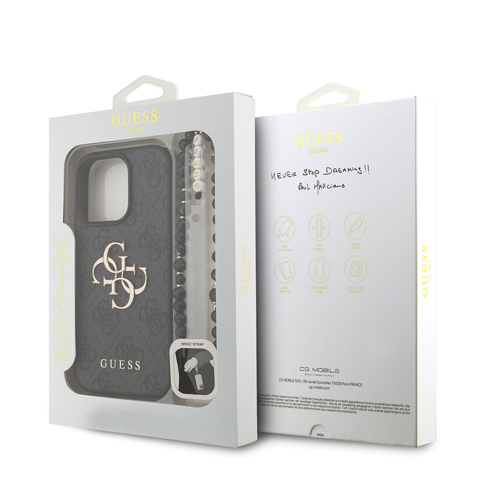 Apple iPhone 16 Pro Max Case Guess Original Licensed PU Leather Wrist Strap Rope Metal Large 4G and Text Logo Cover Brown