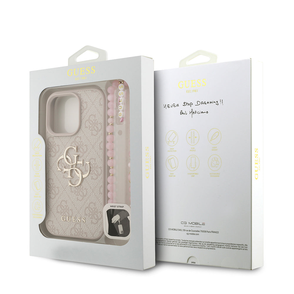 Apple iPhone 16 Pro Max Case Guess Original Licensed PU Leather Wrist Strap Rope Metal Large 4G and Text Logo Cover Brown