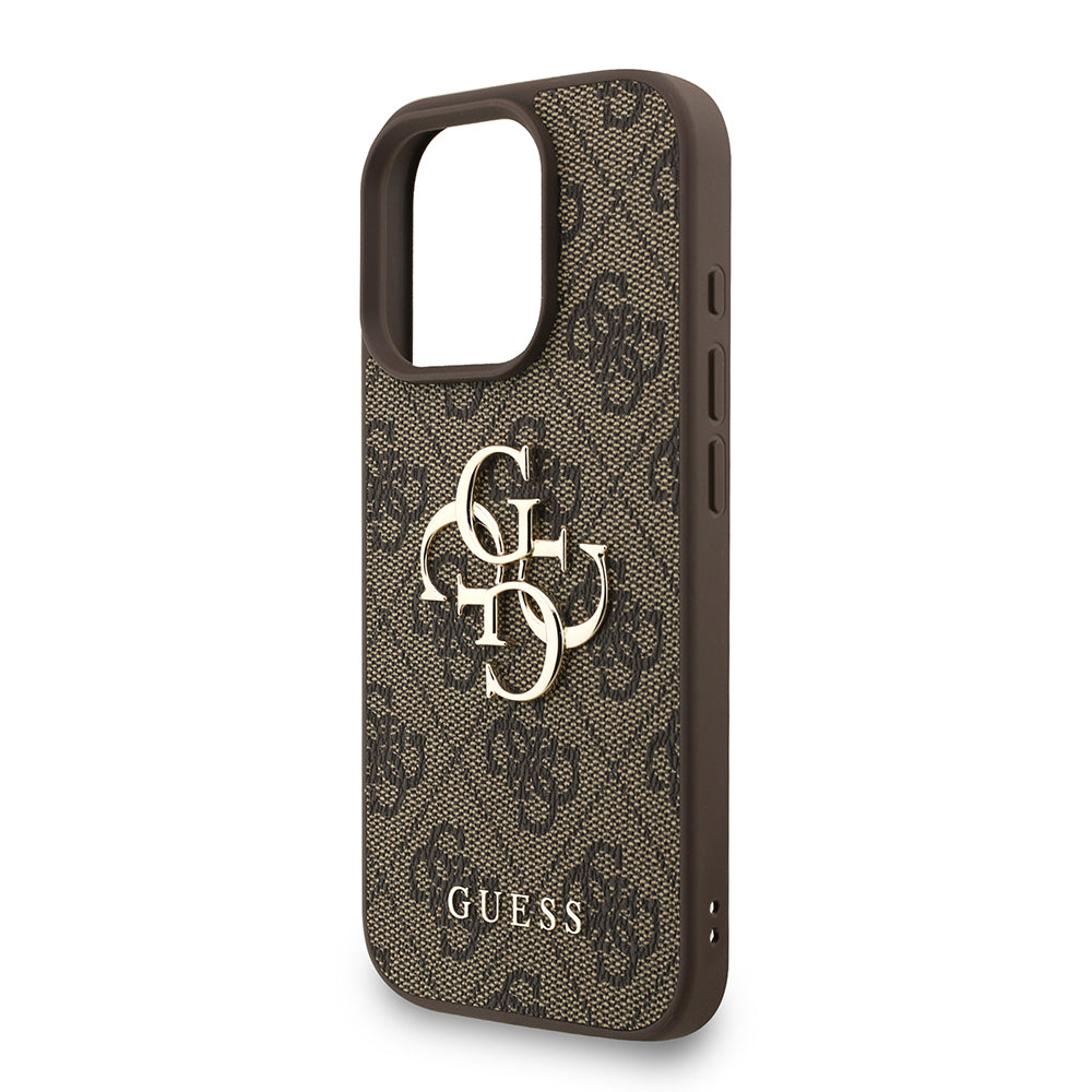 Apple iPhone 16 Pro Max Case Guess Original Licensed PU Leather Wrist Strap Rope Metal Large 4G and Text Logo Cover Brown