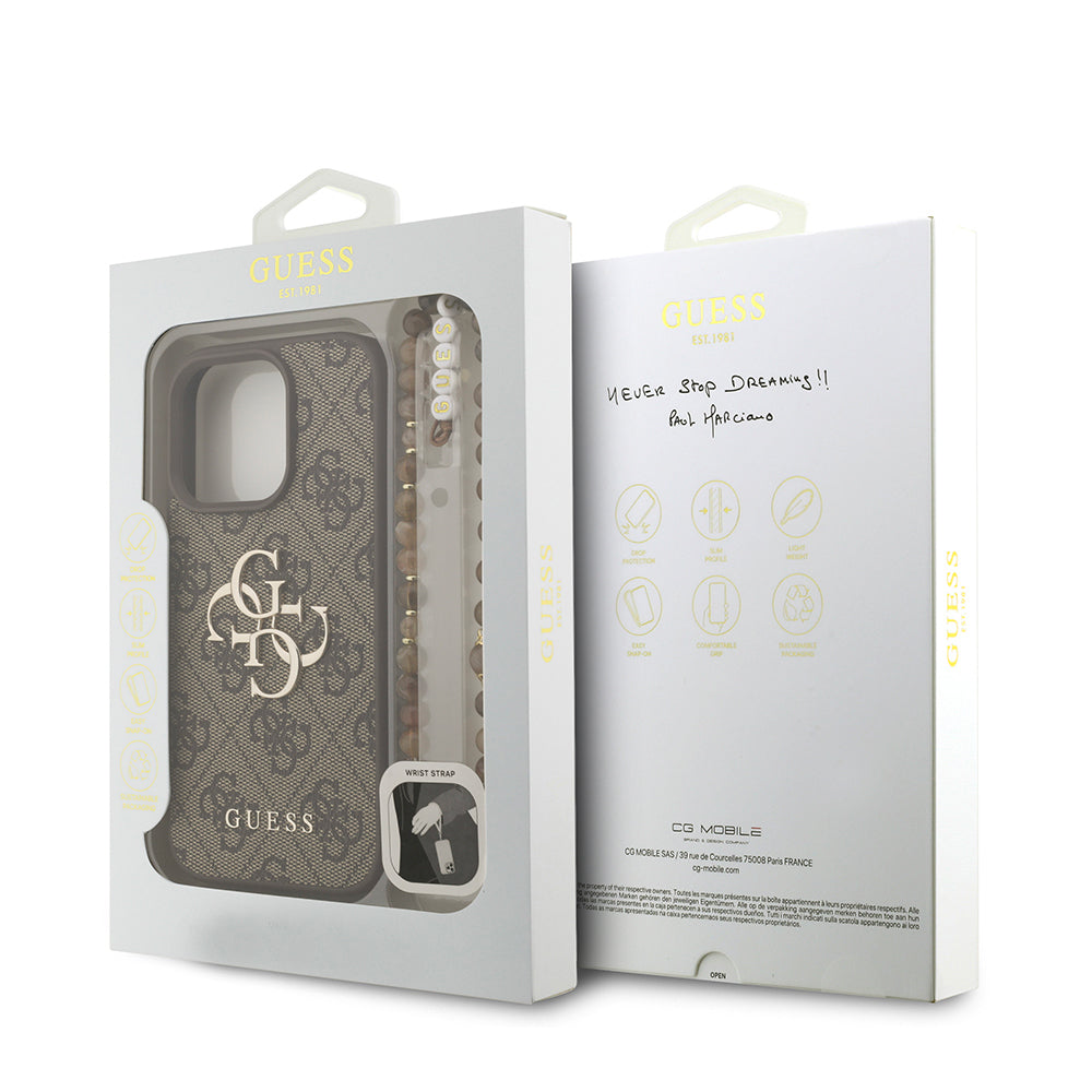 Apple iPhone 16 Pro Max Case Guess Original Licensed PU Leather Wrist Strap Rope Metal Large 4G and Text Logo Cover Brown