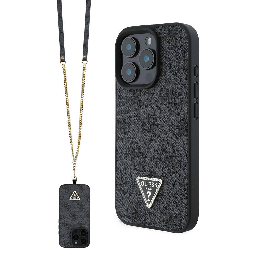 Apple iPhone 16 Pro Max Case Guess Original Licensed PU Leather Stone Metal Triangle Logo Crossbody Strap 4G Patterned Cover Black