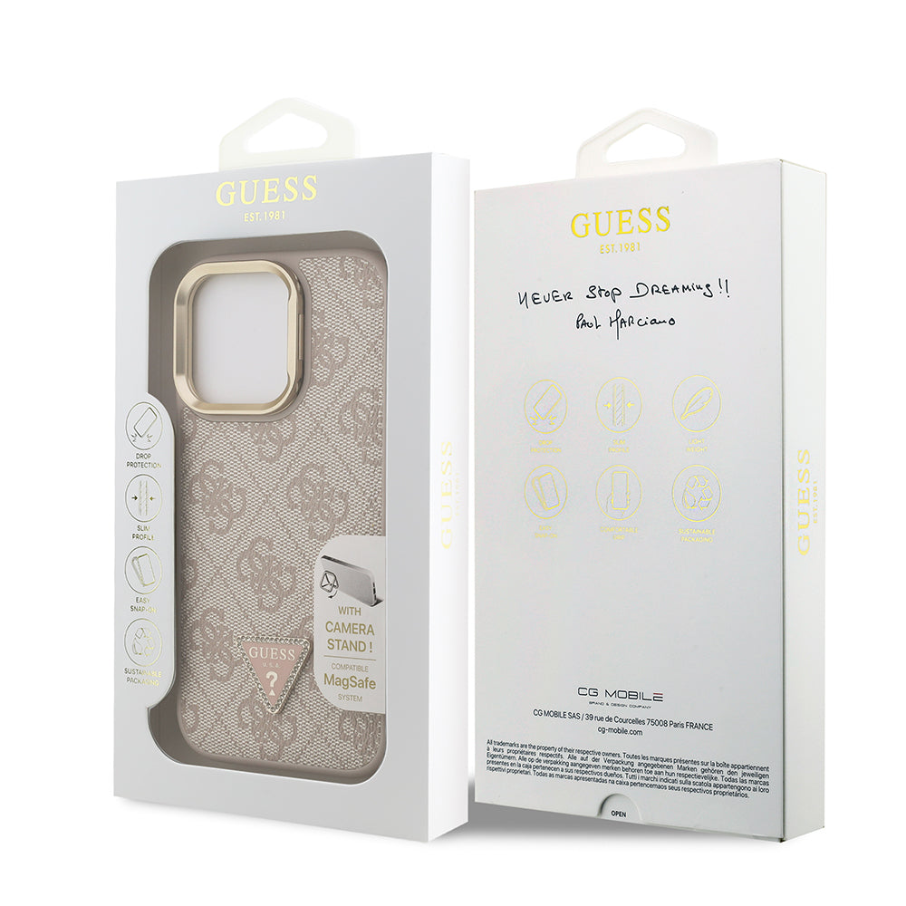 Apple iPhone 16 Pro Max Kılıf Guess Orjinal Lisanslı PU Deri Taşlı Üçgen Logo 4G Desenli Kamera Standlı Kapak Siyah