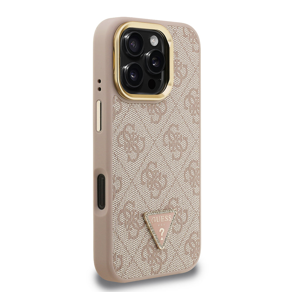 Apple iPhone 16 Pro Max Kılıf Guess Orjinal Lisanslı PU Deri Taşlı Üçgen Logo 4G Desenli Kamera Standlı Kapak Pembe