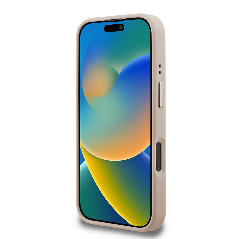 Apple iPhone 16 Pro Max Kılıf Guess Orjinal Lisanslı PU Deri Taşlı Üçgen Logo 4G Desenli Kamera Standlı Kapak Pembe