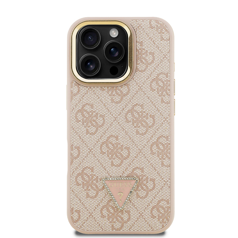 Apple iPhone 16 Pro Max Kılıf Guess Orjinal Lisanslı PU Deri Taşlı Üçgen Logo 4G Desenli Kamera Standlı Kapak Pembe