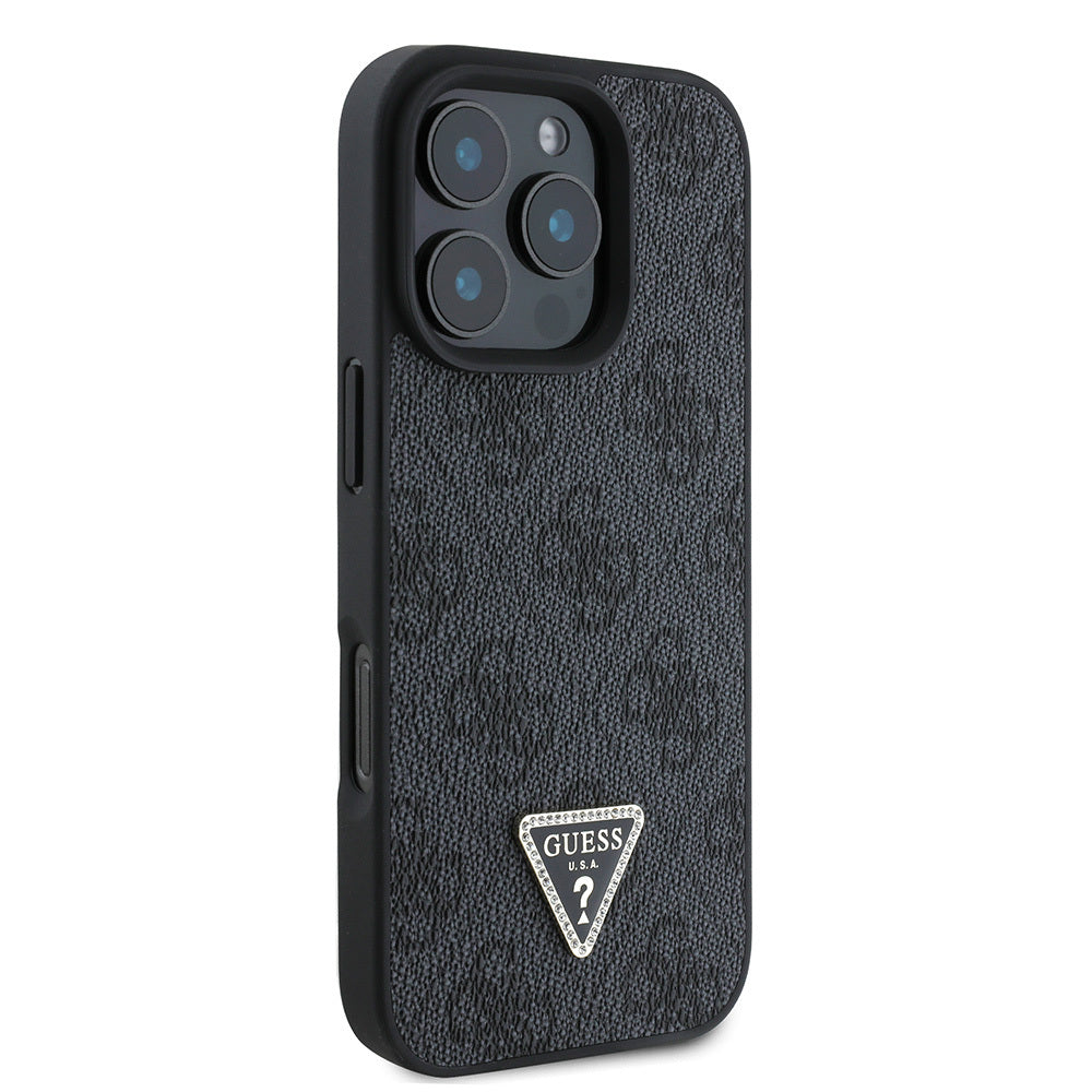 Apple iPhone 16 Pro Max Case Guess Original Licensed PU Leather Stone Triangle Logo 4G Patterned Strass Cover Brown