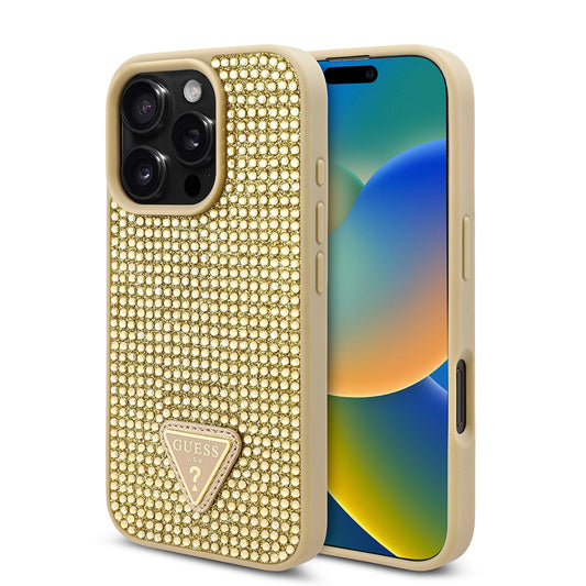 Apple iPhone 16 Pro Max Kılıf Guess Orjinal Lisanslı Taşlı Arka Yüzey Üçgen Logolu Kapak