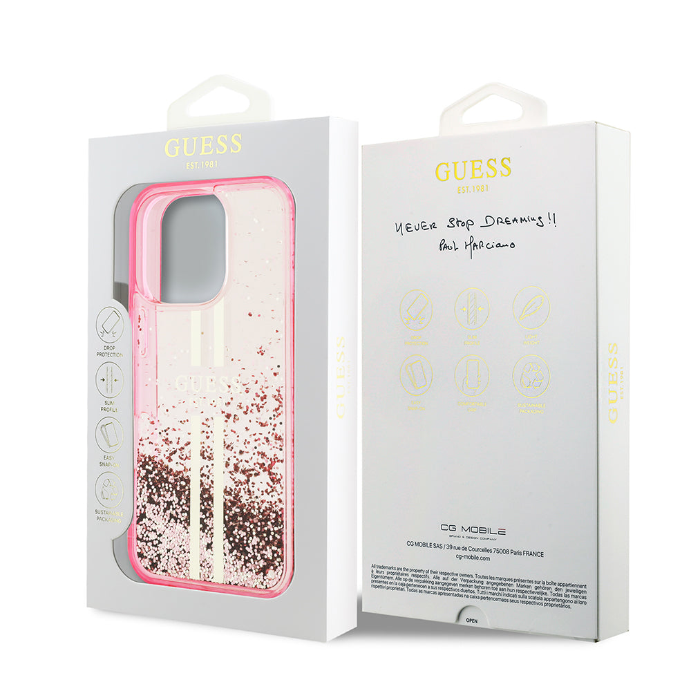 Apple iPhone 16 Pro Max Kılıf Guess Orjinal Lisanslı Transparan Sıvılı Simli Altın Çizgili Kapak Pembe