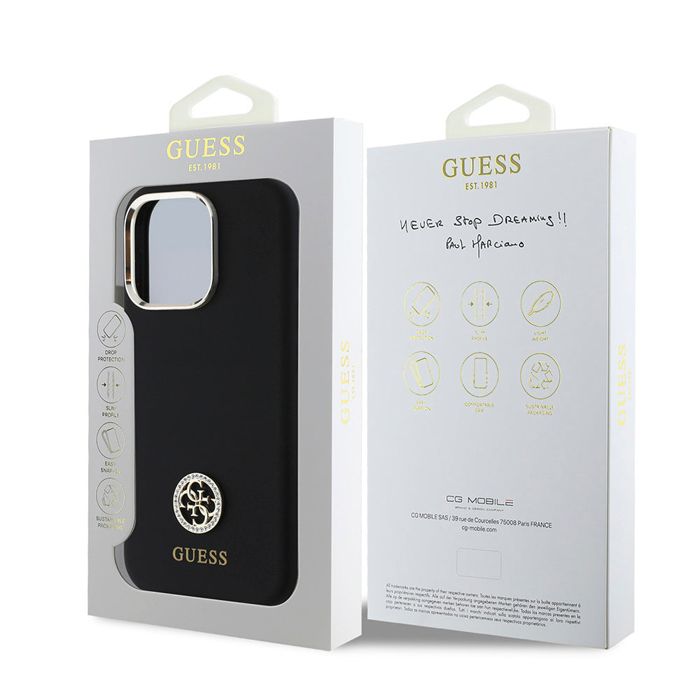 Apple iPhone 16 Pro Max Case Guess Original Licensed Writing and Stone 4G Logo Metal Camera Frame Silicone Cover Black