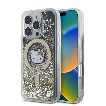 Apple iPhone 16 Pro Max Kılıf Hello Kitty Orjinal Lisanslı M-safe Şarj Özellikli IML Baskı Kitty Head Logolu Sıvılı Simli Altın Ateşi Kapak Siyah