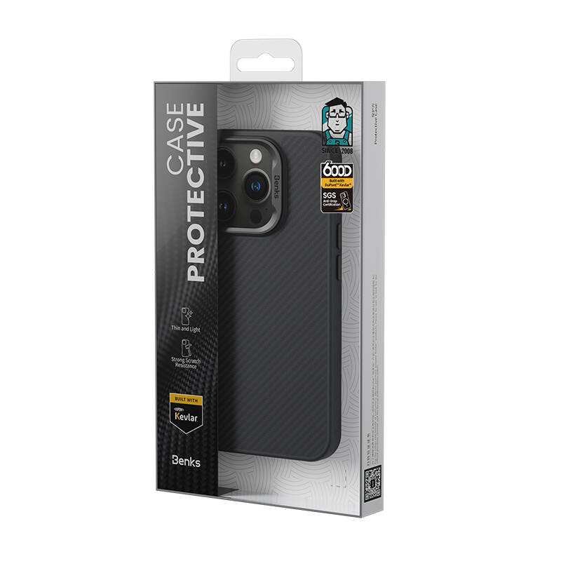Apple iPhone 16 Pro Max Case Carbon Fiber M-Safe Charging Feature Benks Hybrid ArmorPro 600D Kevlar Cover Black