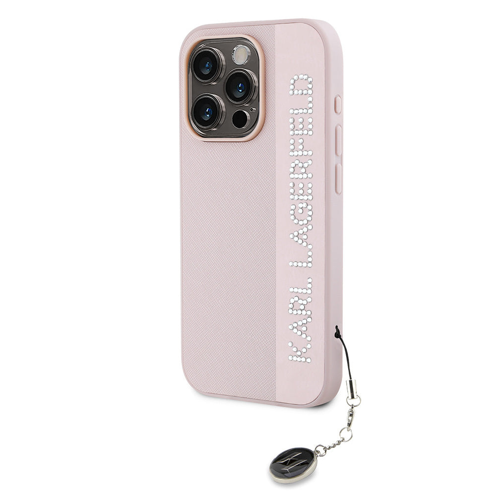 Apple iPhone 16 Pro Max Case Karl Lagerfeld Original Licensed Keychain Stoned KL Written Saffiano Rhinestones Cover Pink