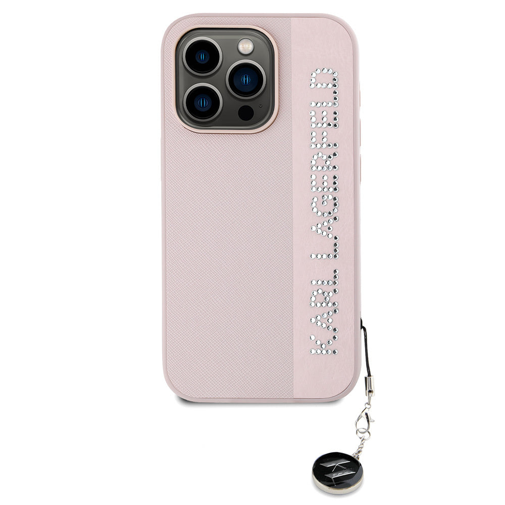 Apple iPhone 16 Pro Max Case Karl Lagerfeld Original Licensed Keychain Stoned KL Written Saffiano Rhinestones Cover Pink