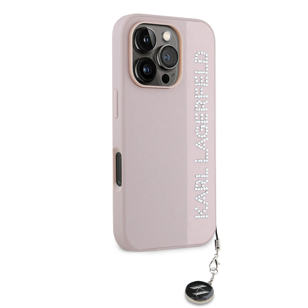Apple iPhone 16 Pro Max Case Karl Lagerfeld Original Licensed Keychain Stoned KL Written Saffiano Rhinestones Cover Pink