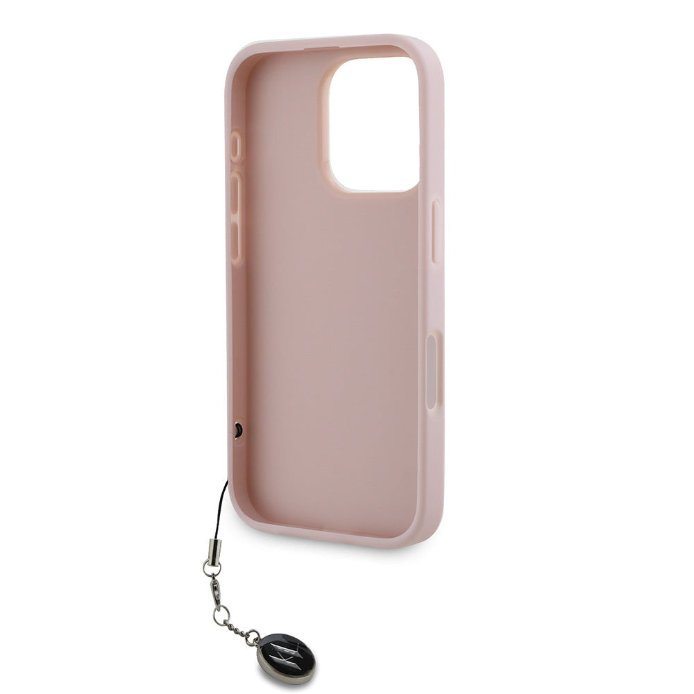 Apple iPhone 16 Pro Max Case Karl Lagerfeld Original Licensed Keychain Stoned KL Written Saffiano Rhinestones Cover Pink