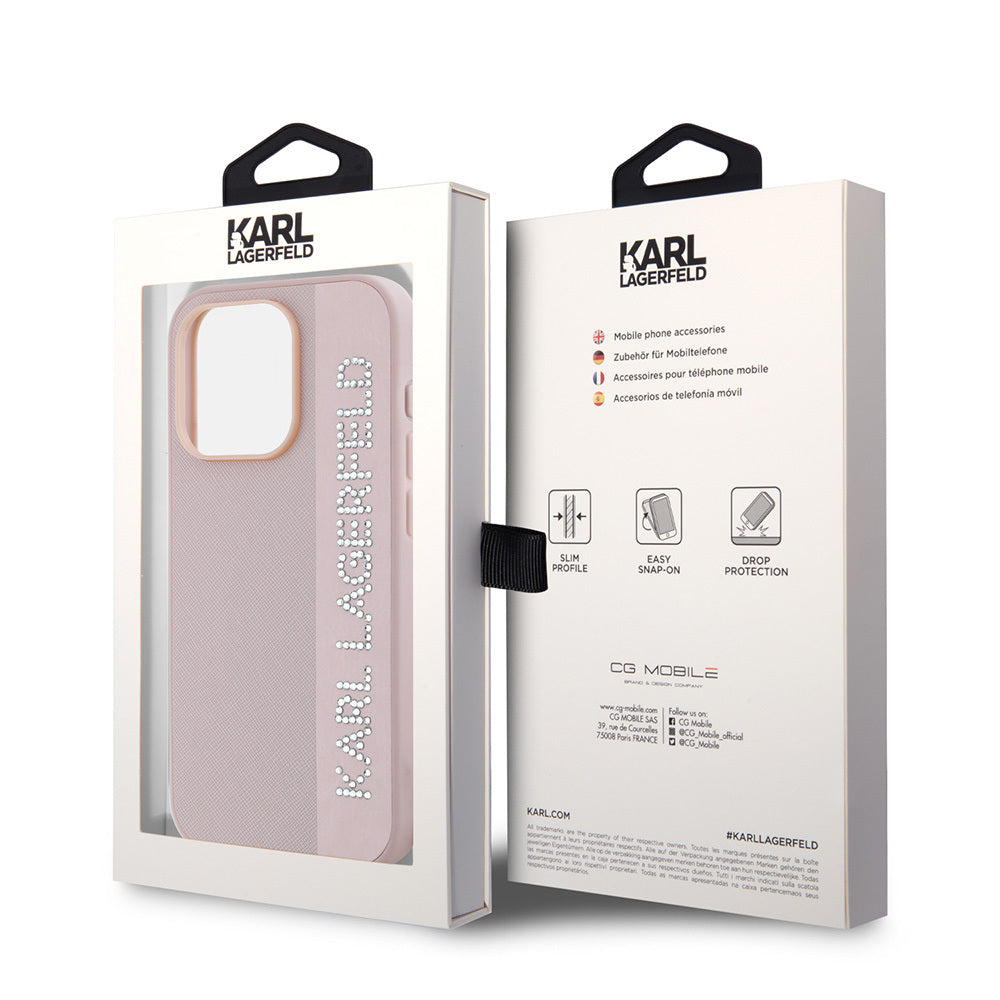 Apple iPhone 16 Pro Max Case Karl Lagerfeld Original Licensed Keychain Stoned KL Written Saffiano Rhinestones Cover Pink