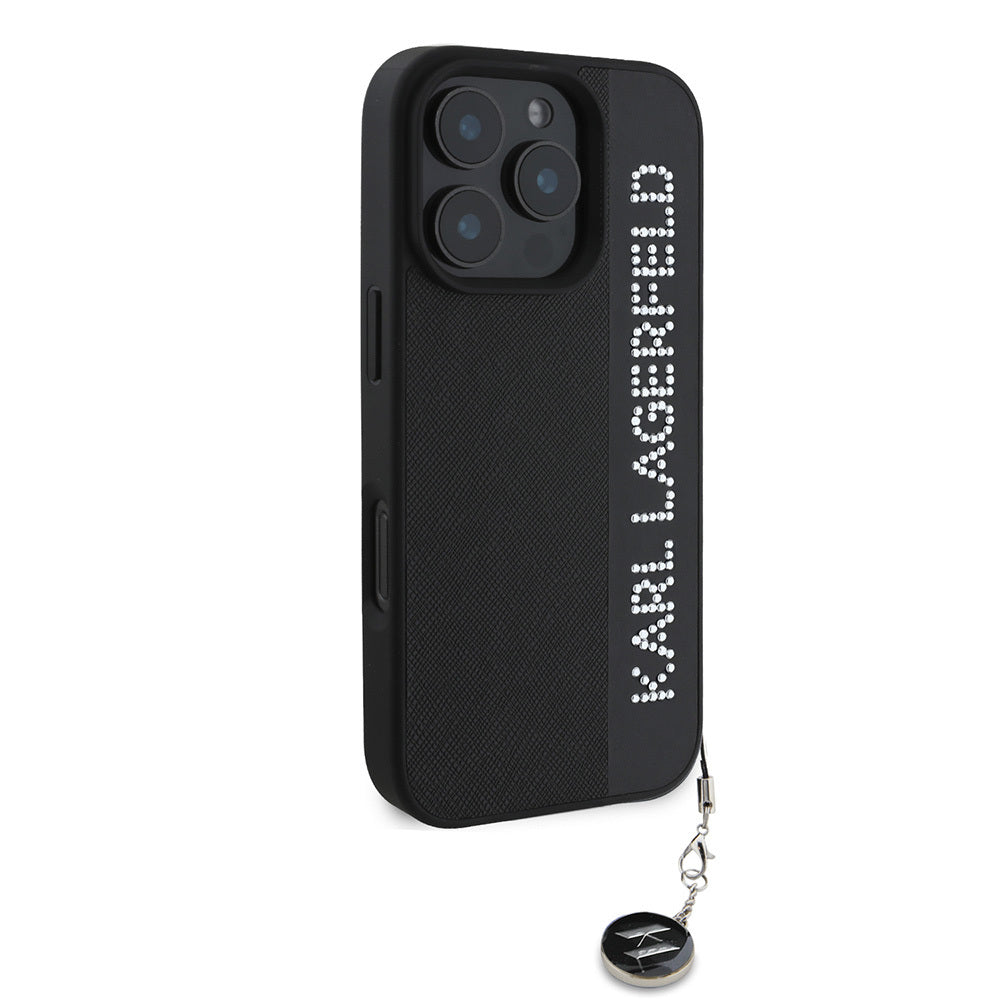 Apple iPhone 16 Pro Max Case Karl Lagerfeld Original Licensed Keychain Stoned KL Written Saffiano Rhinestones Cover Pink