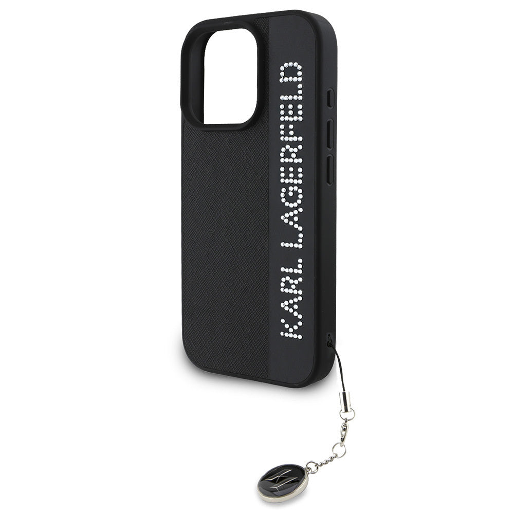 Apple iPhone 16 Pro Max Case Karl Lagerfeld Original Licensed Keychain Stoned KL Written Saffiano Rhinestones Cover Pink