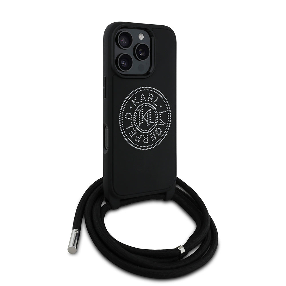 Apple iPhone 16 Pro Max Case Karl Lagerfeld Original Licensed Strap Rope Stoned KL Written Crossbody Cord Cover Black