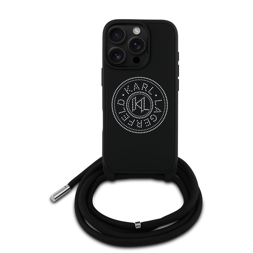 Apple iPhone 16 Pro Max Case Karl Lagerfeld Original Licensed Strap Rope Stoned KL Written Crossbody Cord Cover Black