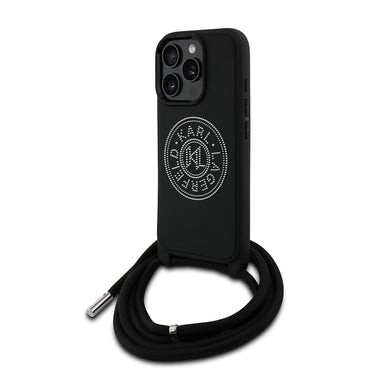 Apple iPhone 16 Pro Max Kılıf Karl Lagerfeld Orjinal Lisanslı Askı İpli Taşlı KL Yazılı Crossbody Cord Kapak Siyah