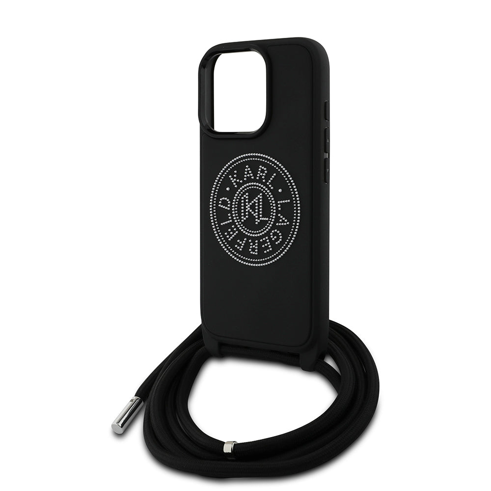Apple iPhone 16 Pro Max Case Karl Lagerfeld Original Licensed Strap Rope Stoned KL Written Crossbody Cord Cover Black