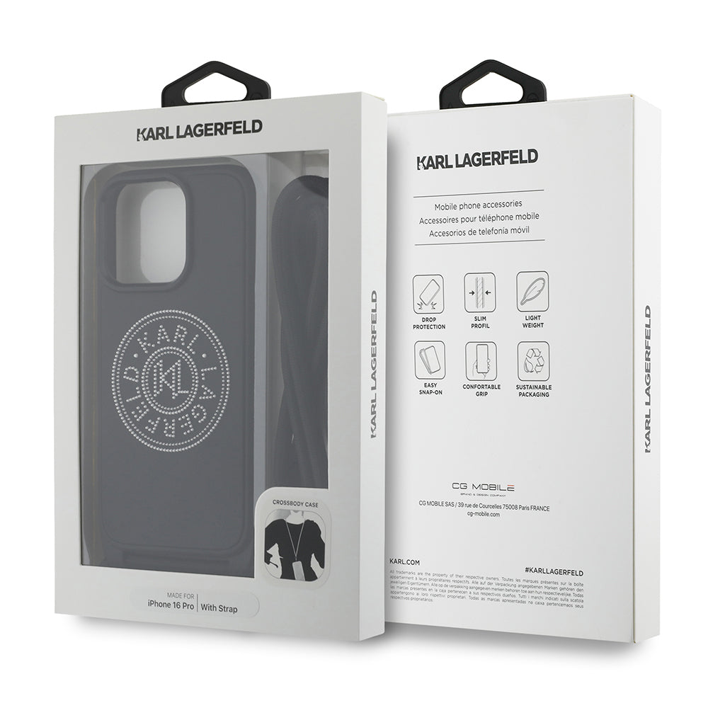 Apple iPhone 16 Pro Max Case Karl Lagerfeld Original Licensed Strap Rope Stoned KL Written Crossbody Cord Cover Black