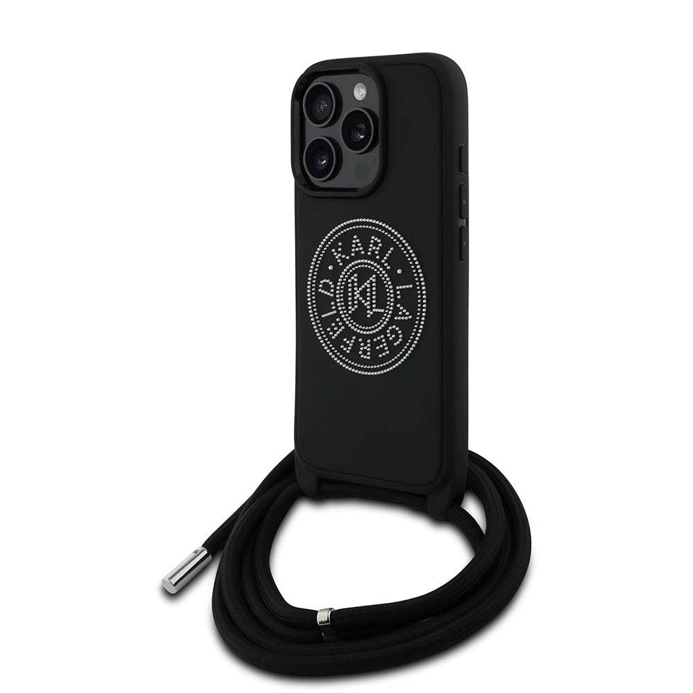 Apple iPhone 16 Pro Max Case Karl Lagerfeld Original Licensed Strap Rope Stoned KL Written Crossbody Cord Cover Black