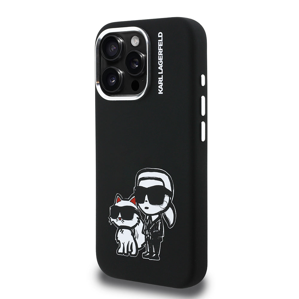 Apple iPhone 16 Pro Max Kılıf Karl Lagerfeld Orjinal Lisanslı Karl & Choupette Sketch Logo Sililkon Kapak Siyah