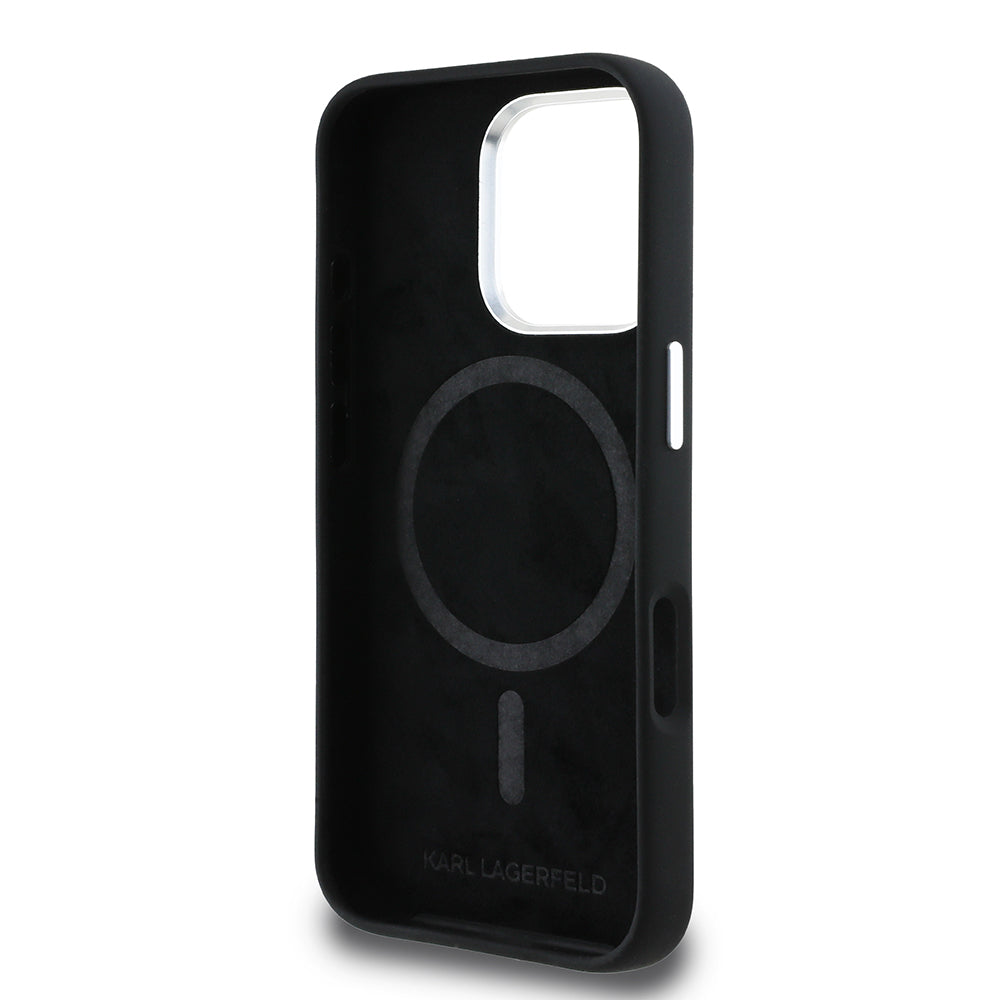 Apple iPhone 16 Pro Max Kılıf Karl Lagerfeld Orjinal Lisanslı Karl & Choupette Sketch Logo Sililkon Kapak Siyah