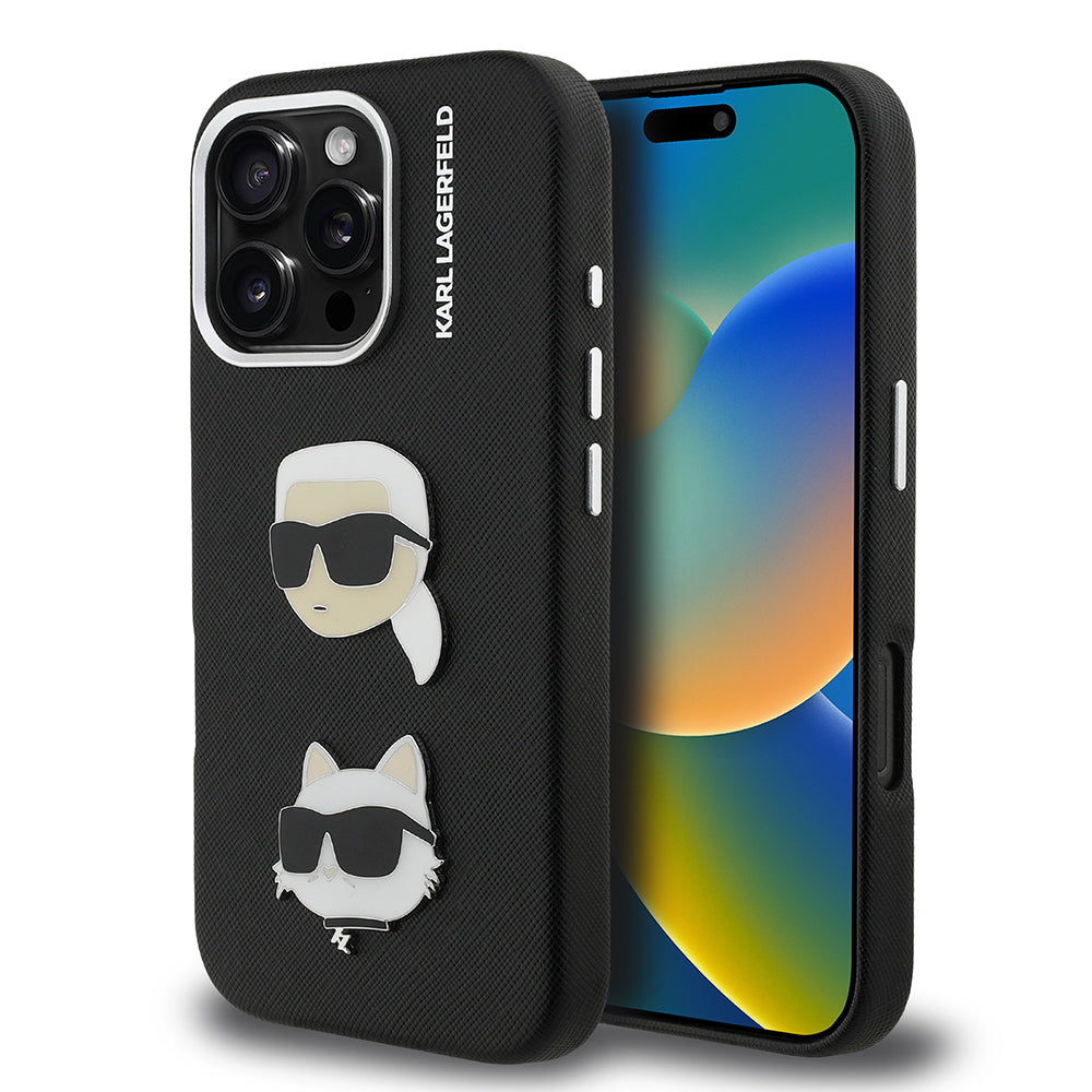 Apple iPhone 16 Pro Max Kılıf Karl Lagerfeld Orjinal Lisanslı K&C Heads Pin Kapak Siyah