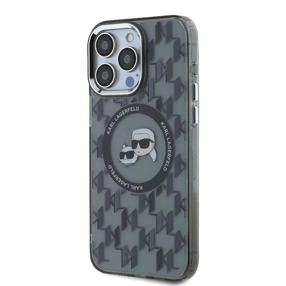 Apple iPhone 16 Pro Max Case Karl Lagerfeld Original Licensed M-Safe Charging Feature IML Printed Metal Monogram KC Heads Cover Black