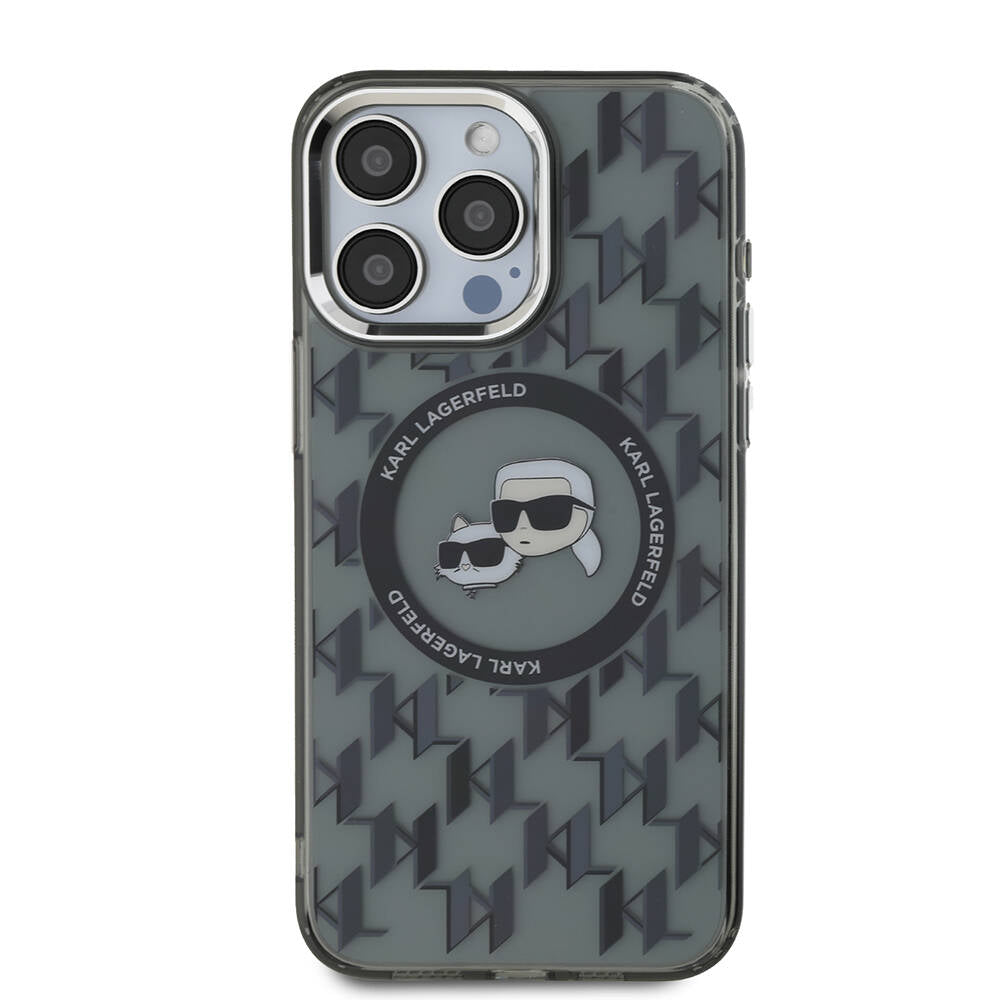 Apple iPhone 16 Pro Max Case Karl Lagerfeld Original Licensed M-Safe Charging Feature IML Printed Metal Monogram KC Heads Cover Black