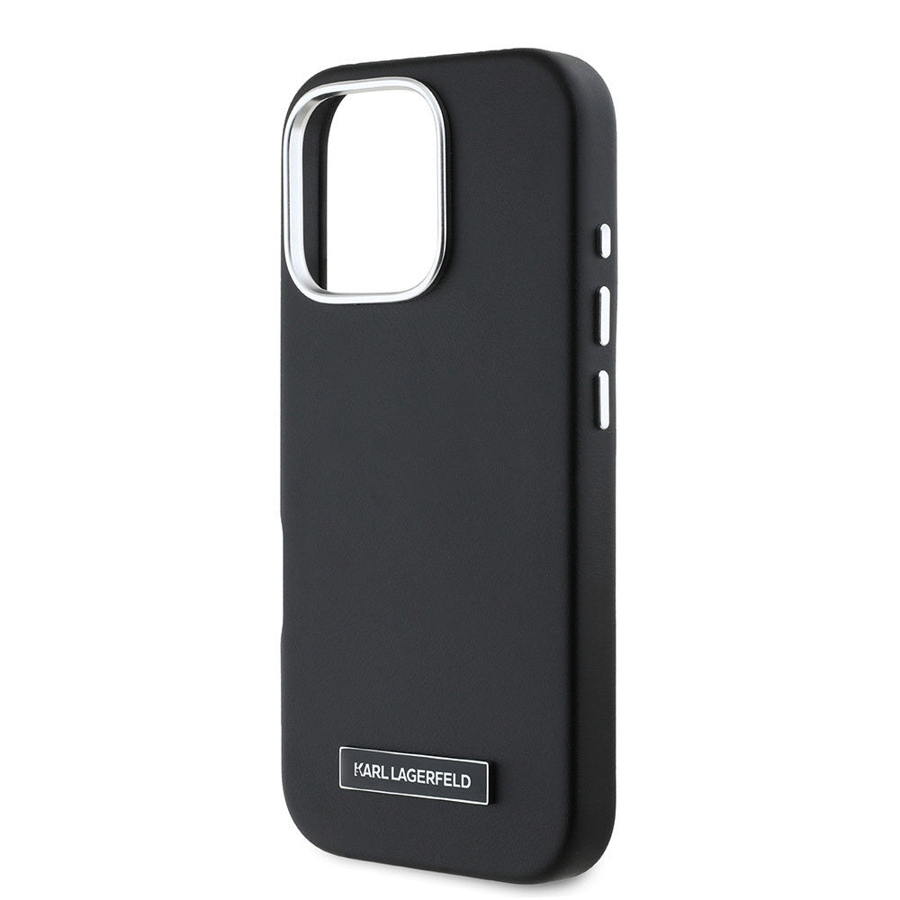 Apple iPhone 16 Pro Max Case Karl Lagerfeld Original Licensed M-Safe Charging Feature Metal Camera and Button Design Plate Logo PU Leather Cover Black