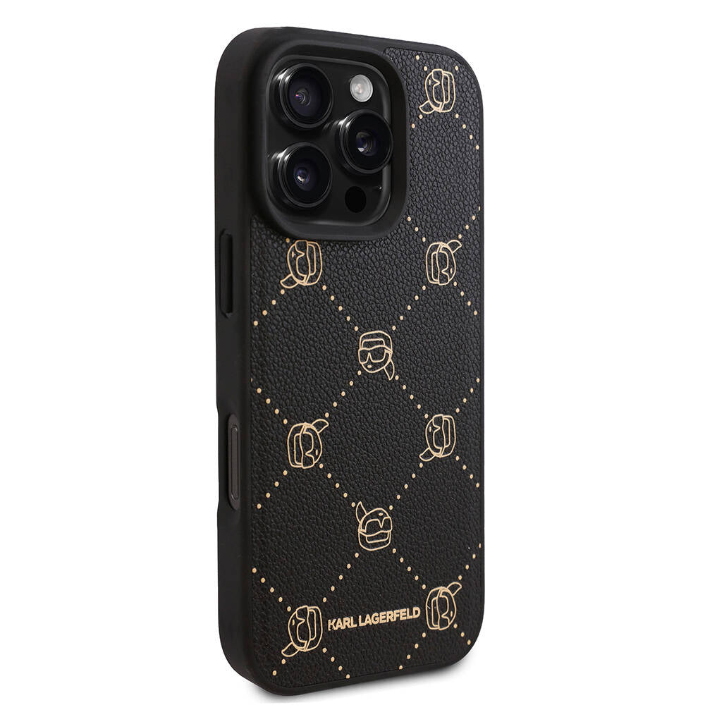 Apple iPhone 16 Pro Max Case Karl Lagerfeld Original Licensed M-safe Charging Function PU Leather Karl Heads Patterned Classic Logo Cover Black