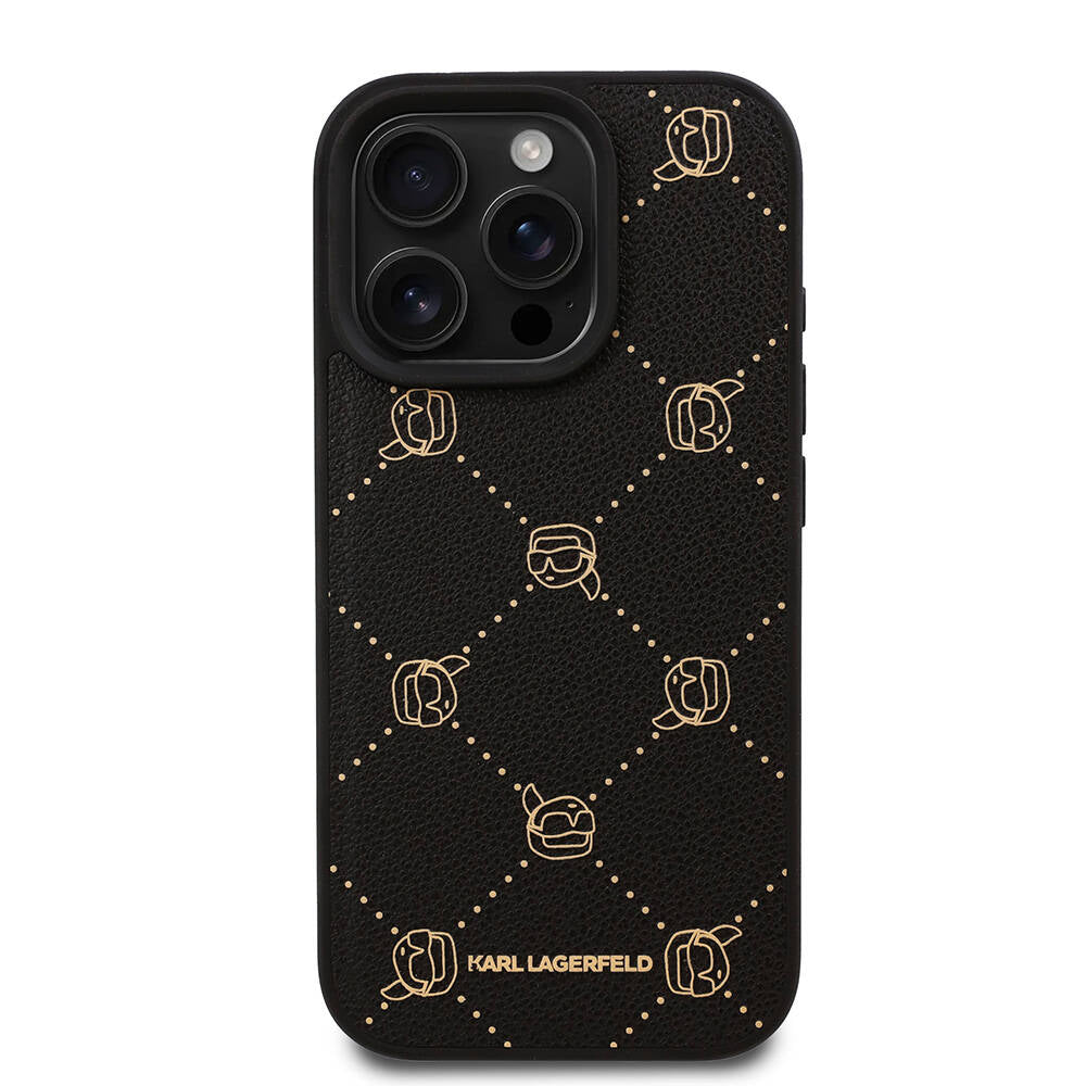 Apple iPhone 16 Pro Max Case Karl Lagerfeld Original Licensed M-safe Charging Function PU Leather Karl Heads Patterned Classic Logo Cover Black