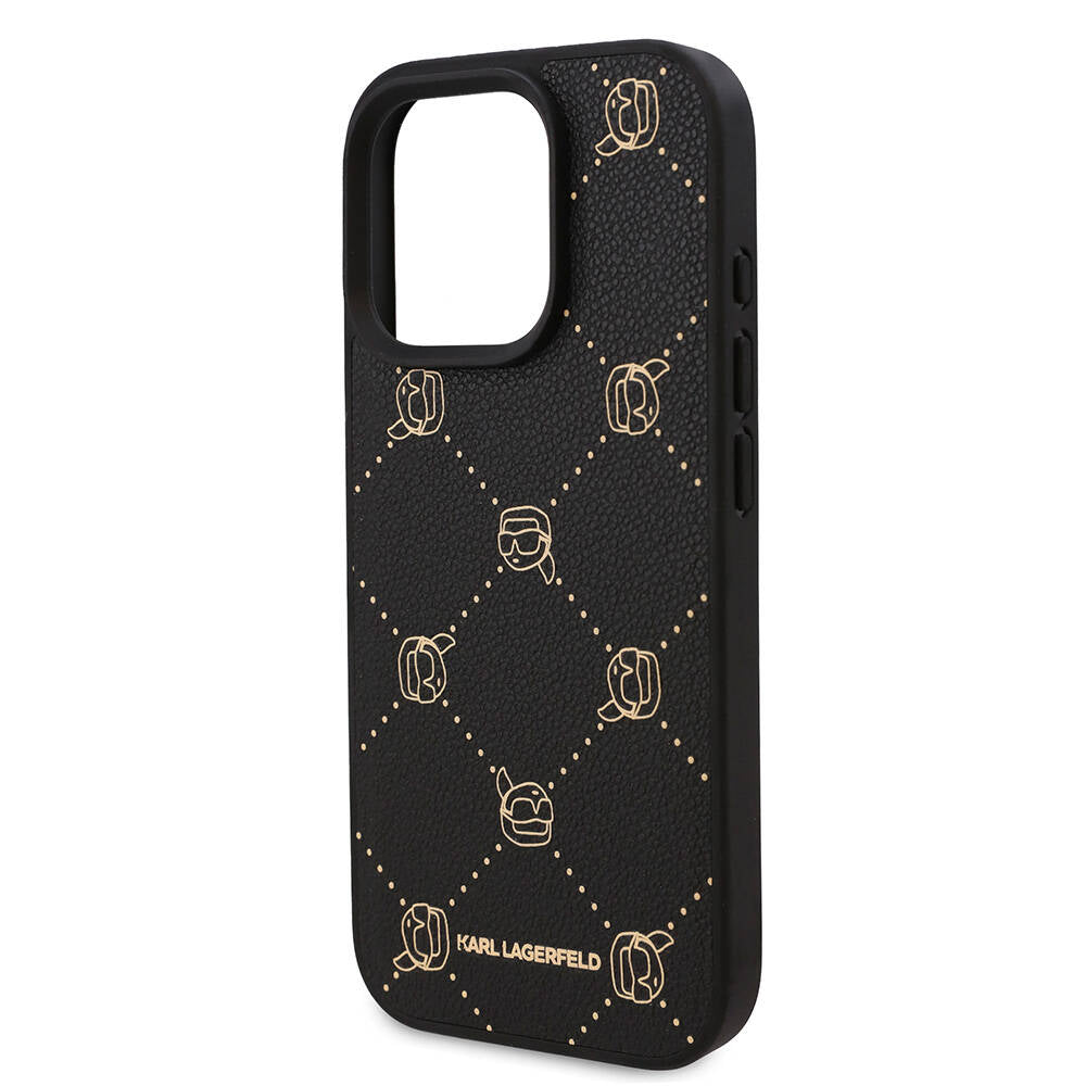 Apple iPhone 16 Pro Max Case Karl Lagerfeld Original Licensed M-safe Charging Function PU Leather Karl Heads Patterned Classic Logo Cover Black