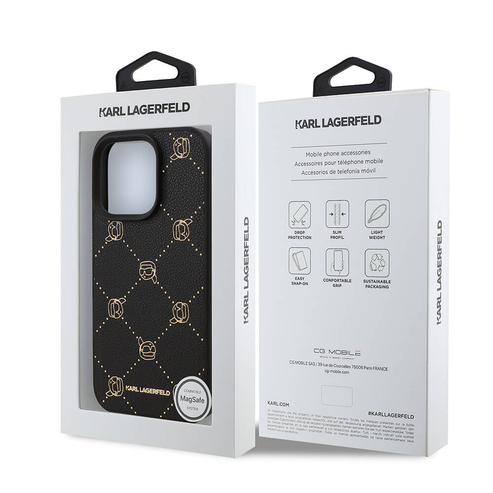 Apple iPhone 16 Pro Max Case Karl Lagerfeld Original Licensed M-safe Charging Function PU Leather Karl Heads Patterned Classic Logo Cover Black