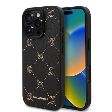 Apple iPhone 16 Pro Max Kılıf Karl Lagerfeld Orjinal Lisanslı M-safe Şarj Özellikli PU Deri Karl Heads Desenli Klasik Logolu Kapak Siyah