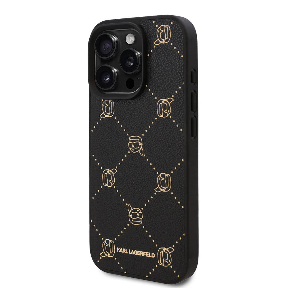 Apple iPhone 16 Pro Max Case Karl Lagerfeld Original Licensed M-safe Charging Function PU Leather Karl Heads Patterned Classic Logo Cover Black