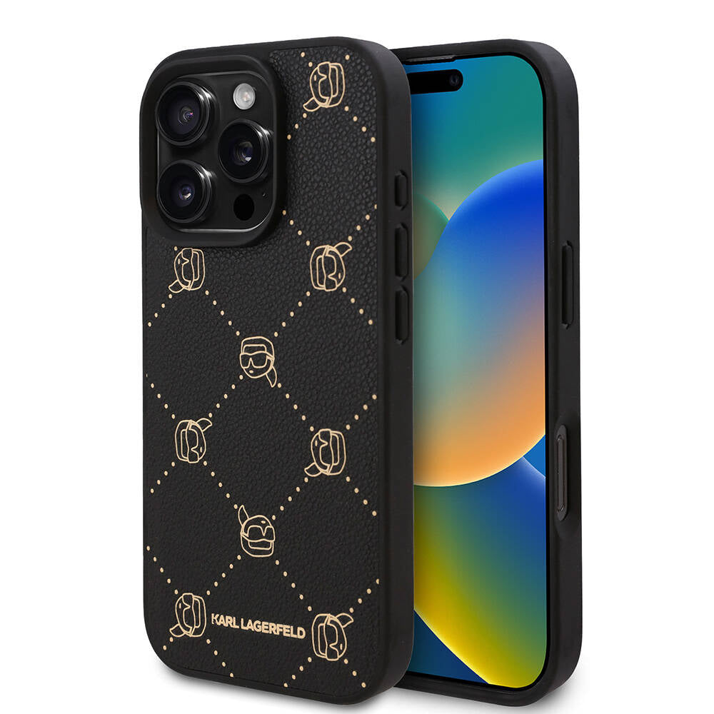 Apple iPhone 16 Pro Max Case Karl Lagerfeld Original Licensed M-safe Charging Function PU Leather Karl Heads Patterned Classic Logo Cover Black