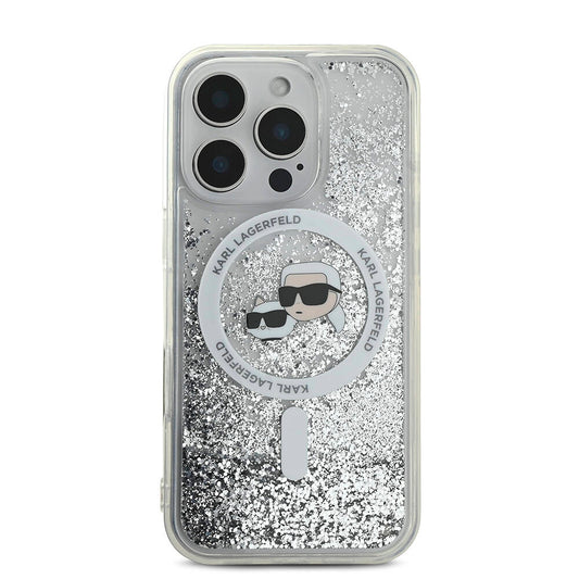 Apple iPhone 16 Pro Max Case Karl Lagerfeld Original Licensed M-safe Charging Feature Liquid Glitter KC Heads Transparent Cover