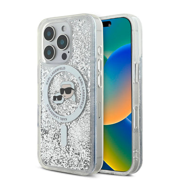 Apple iPhone 16 Pro Max Case Karl Lagerfeld Original Licensed M-safe Charging Feature Liquid Glitter KC Heads Transparent Cover
