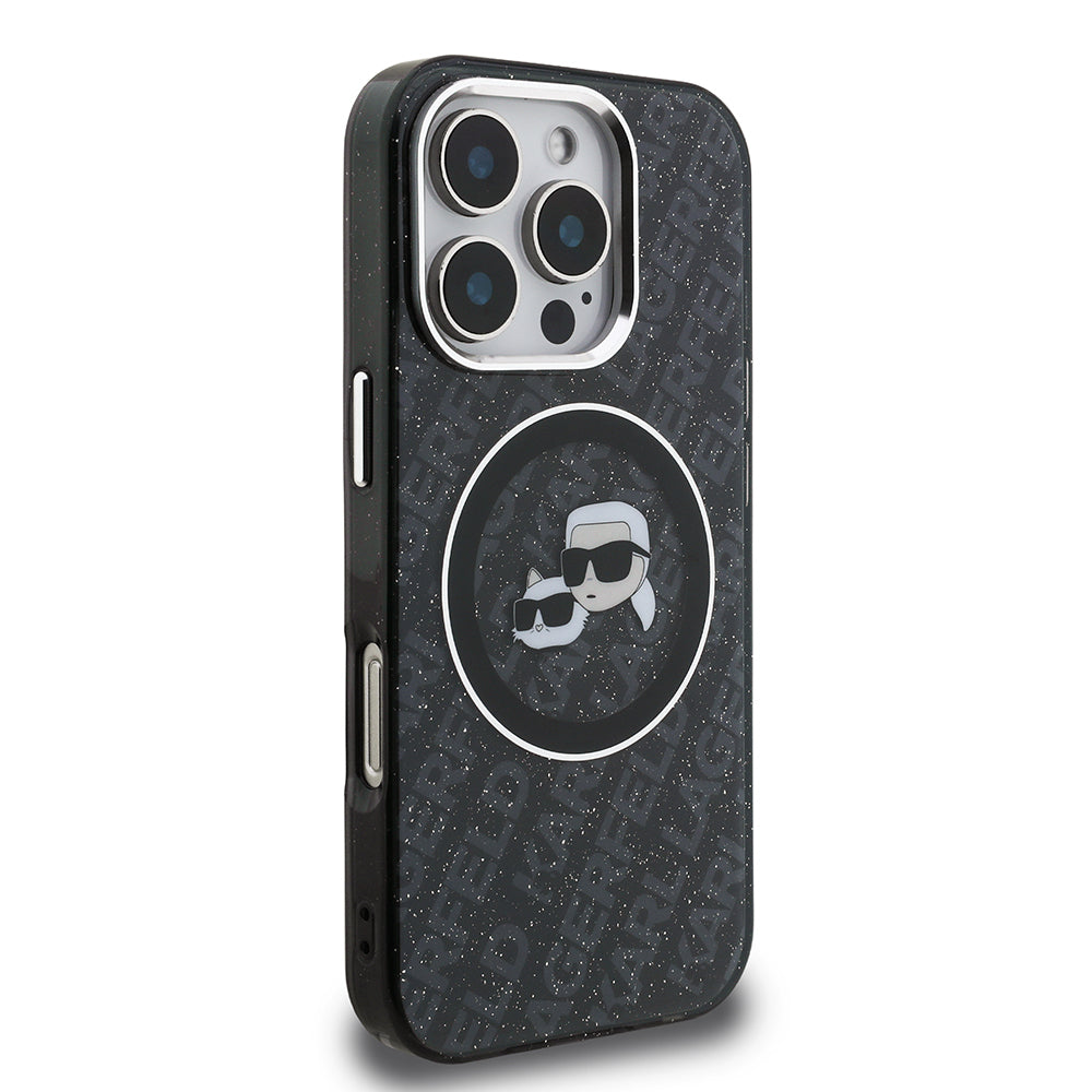 Apple iPhone 16 Pro Max Kılıf Karl Lagerfeld Orjinal Lisanslı Parlayan Simli Karl & Choupette Heads Kapak Siyah