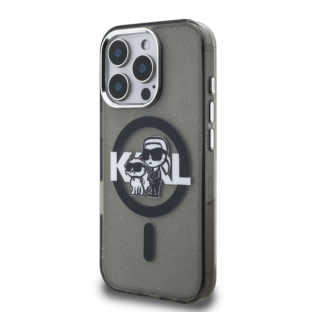 Apple iPhone 16 Pro Max Case Karl Lagerfeld Original Licensed Shining Glittery Karl & Choupette Sketch Logo Cover Black