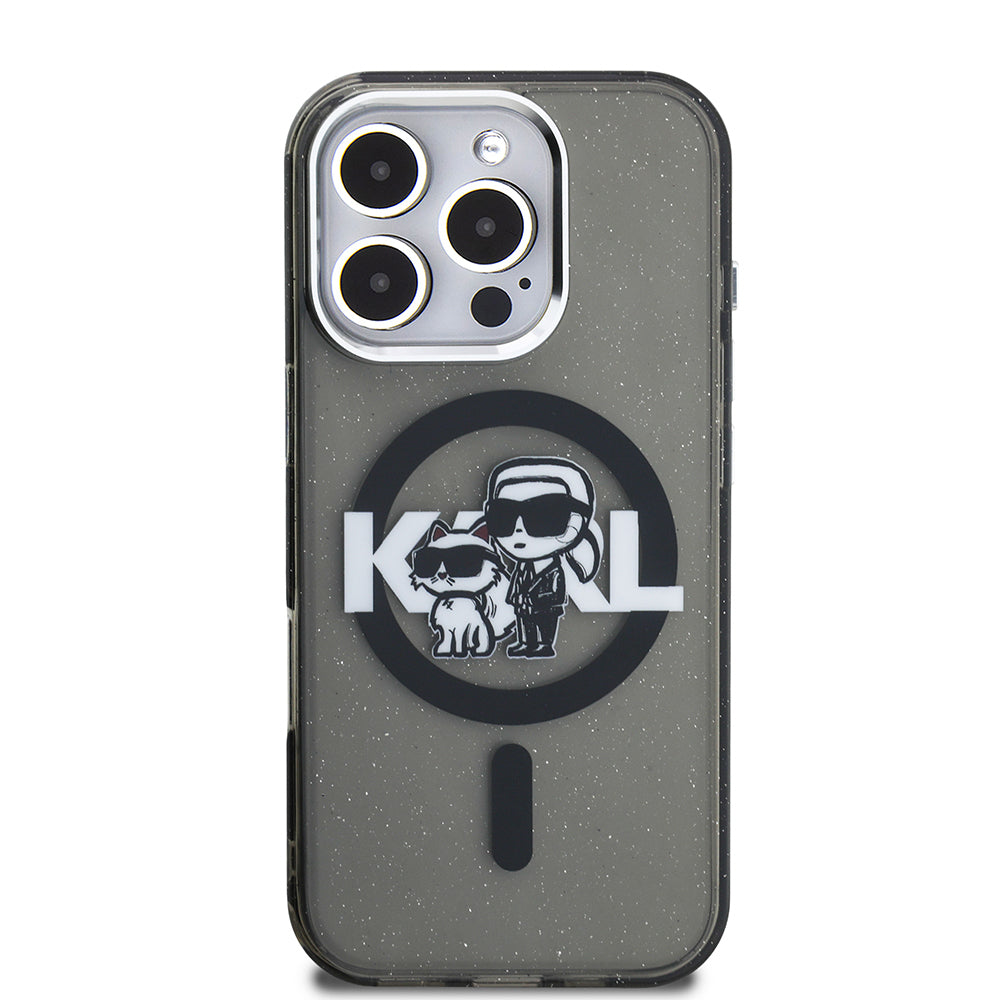 Apple iPhone 16 Pro Max Kılıf Karl Lagerfeld Orjinal Lisanslı Parlayan Simli Karl & Choupette Sketch Logo Kapak Siyah