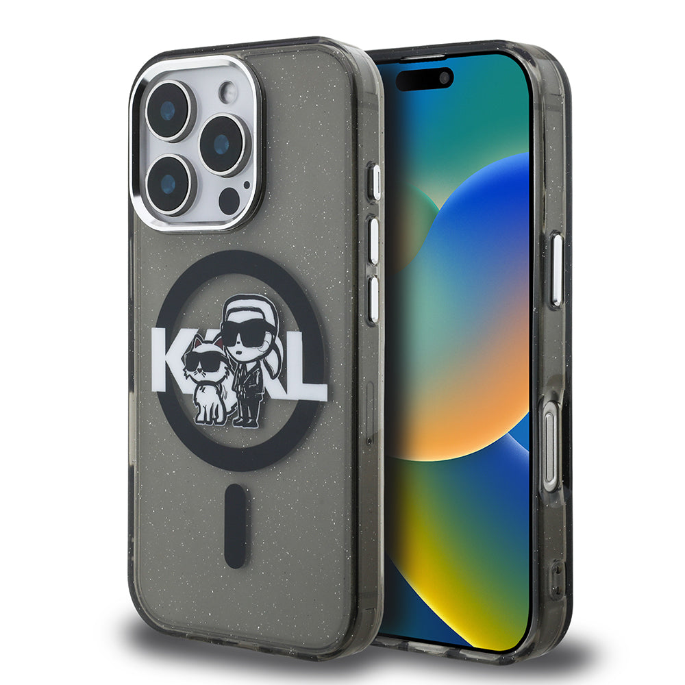 Apple iPhone 16 Pro Max Case Karl Lagerfeld Original Licensed Shining Glittery Karl & Choupette Sketch Logo Cover Black